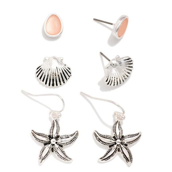Set Of Three Stud & Drop Earrings Featuring Shell & Starfish 

- Approximately .5"-.75" L
 