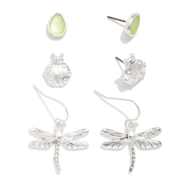 Set Of Three Stud & Drop Earrings Featuring Ladybug & Dragonfly 

- Approximately .5"-.75" L
 
