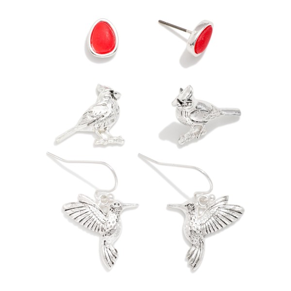 Set Of Three Stud & Drop Earrings Featuring Birds 

- Approximately .5"-.75" L
 
