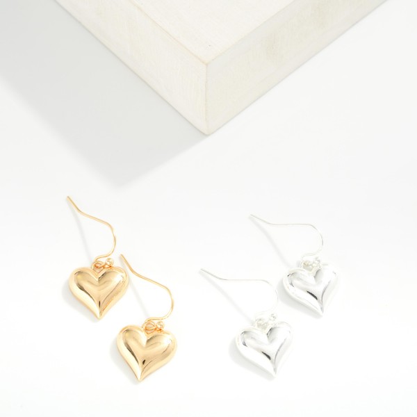 Puffy Metal Tone Heart Drop Earrings 

- Approximately .5" L