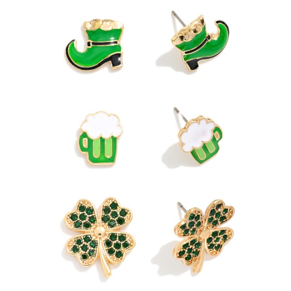 Set Of Three St. Patrick's Day Stud Earrings 

- Approximately .5"-.75" L