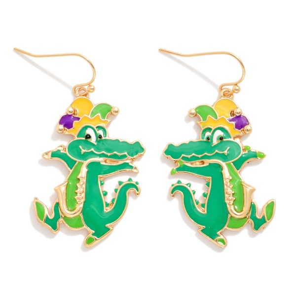 Enamel Mardi Gras Alligator Drop Earrings

- Approximately 1.75" L 
