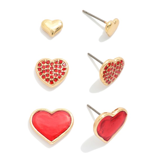 Set Of Three Heart Stud Earrings Featuring Metal Tones, Rhinstones, & Stained Glass 

- Approximately .05" - .25" L