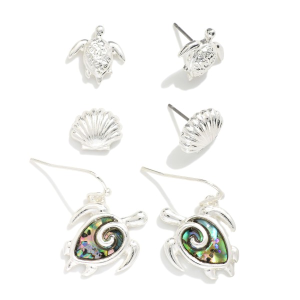 Set Of Three Sea Animal Stud & Drop Earrings With Abalone Detail 

- Approximately .25-1" L