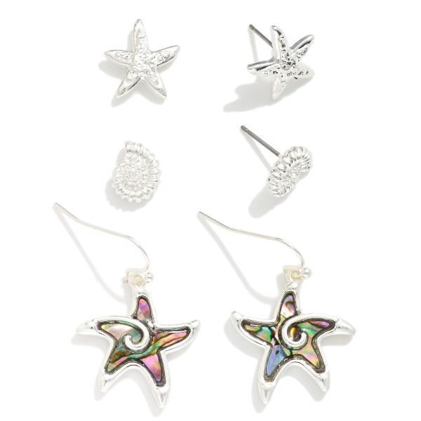 Set Of Three Sea Animal Stud & Drop Earrings With Abalone Detail 

- Approximately .25-1" L