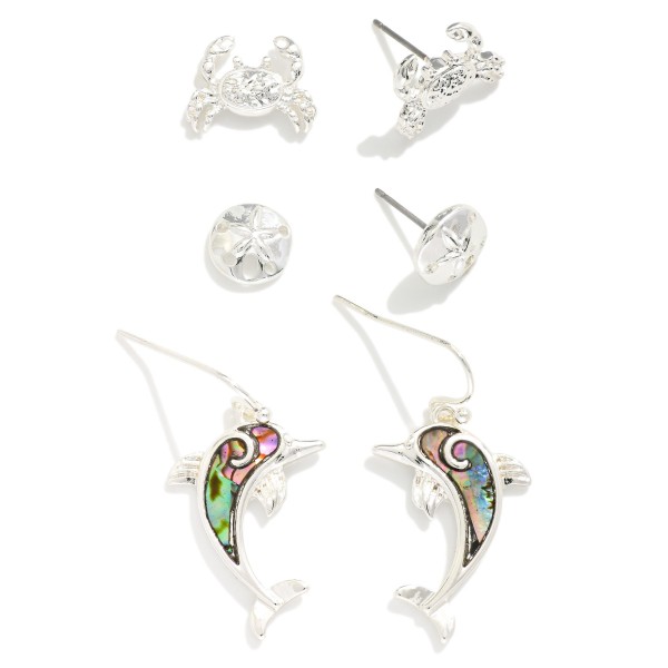 Set Of Three Sea Animal Stud & Drop Earrings With Abalone Detail 

- Approximately .25-1" L