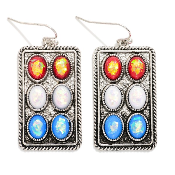 Glitter Stone Studded Metal Rectangle Drop Earrings 

- Approximately 1.5" L