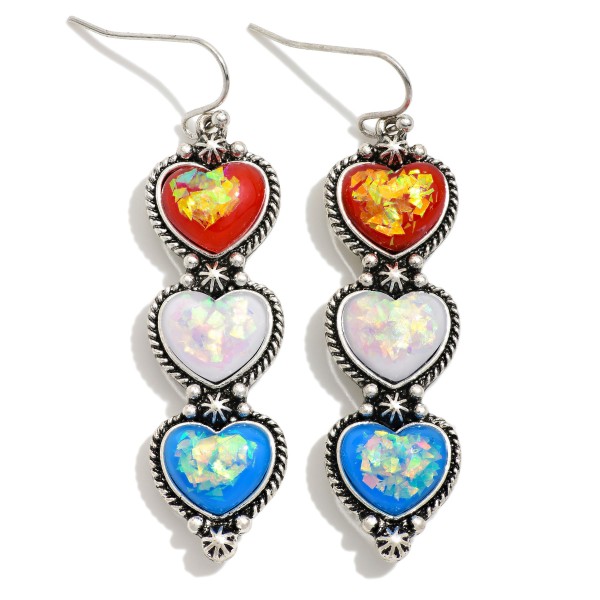 Stacked Glitter Resin Hearts Drop Earrings With Metal Tone Border 

- Approximately 2" L