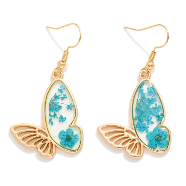 Metal Tone & Resin Butterfly Drop Earrings Featuring Flower Details 

- Approximately 1.25" L