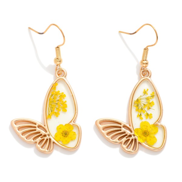 Metal Tone & Resin Butterfly Drop Earrings Featuring Flower Details 

- Approximately 1.25" L