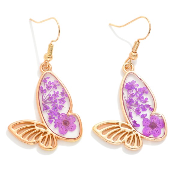 Metal Tone & Resin Butterfly Drop Earrings Featuring Flower Details 

- Approximately 1.25" L