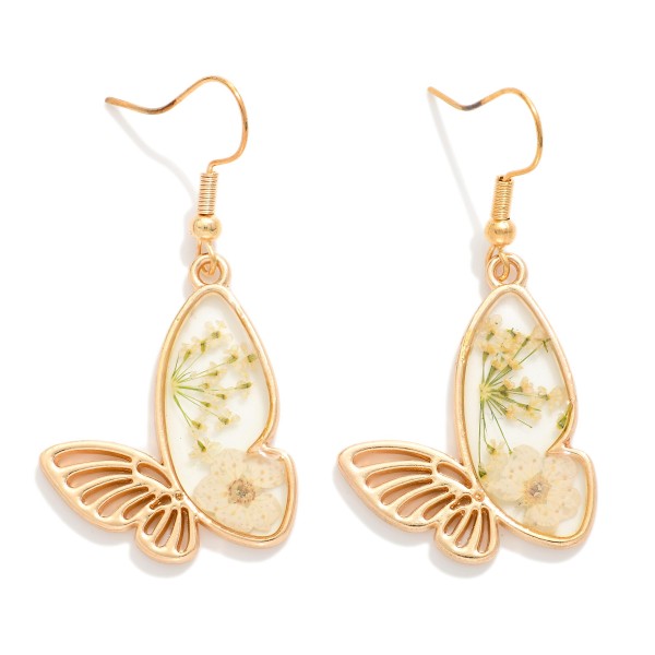 Metal Tone & Resin Butterfly Drop Earrings Featuring Flower Details 

- Approximately 1.25" L