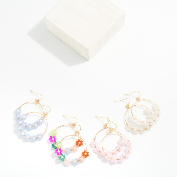 Wire Hoop Drop Earrings Featuring Beaded Flowers Detail 

- Approximately 2" L