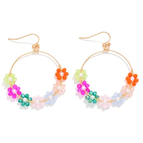 Wire Hoop Drop Earrings Featuring Beaded Flowers Detail 

- Approximately 2" L