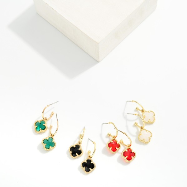 Metal Tone Half Hoop Earrings Featuring Glass Crystal Dangle Detail 

- Approximately 1.25" L