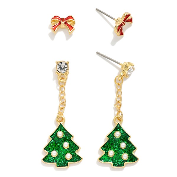 Bow Stud & Christmas Tree Drop Earring Set 

- Approximately .25" L - 1.25" L