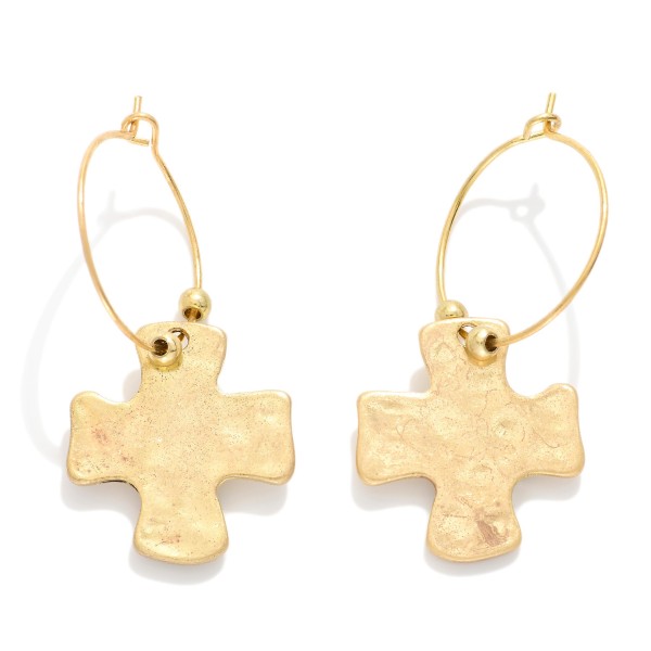Wire Hoop Earrings Featuring Hammered Metal Plus Cross Dangle 

- Approximately 1.5" L