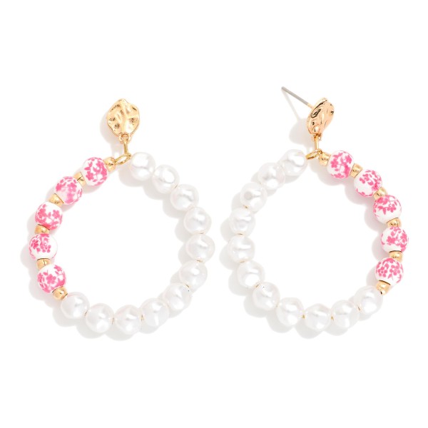 Pearl & Chinoiserie Beaded Hoop Post Drop Earrings 

- Approximately 2" L