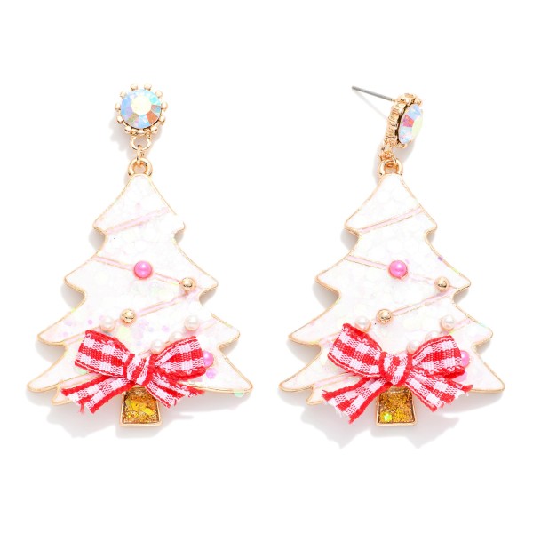 Glitter Acetate Christmas Tree Post Drop Earrings Featuring Plaid Bow & Rhinestone Post 

- Approximately 2.5" L