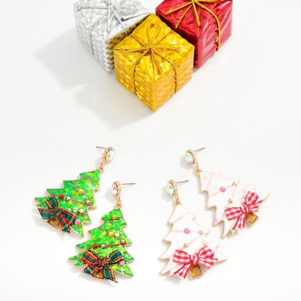 Glitter Acetate Christmas Tree Post Drop Earrings Featuring Plaid Bow & Rhinestone Post 

- Approximately 2.5" L