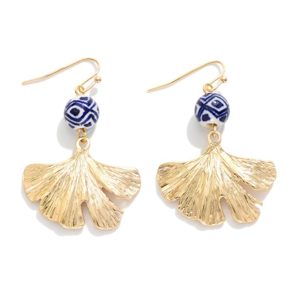 Metal Tone Leaf Earrings Featuring Chinoiserie Beads 

- Approximately 1" L