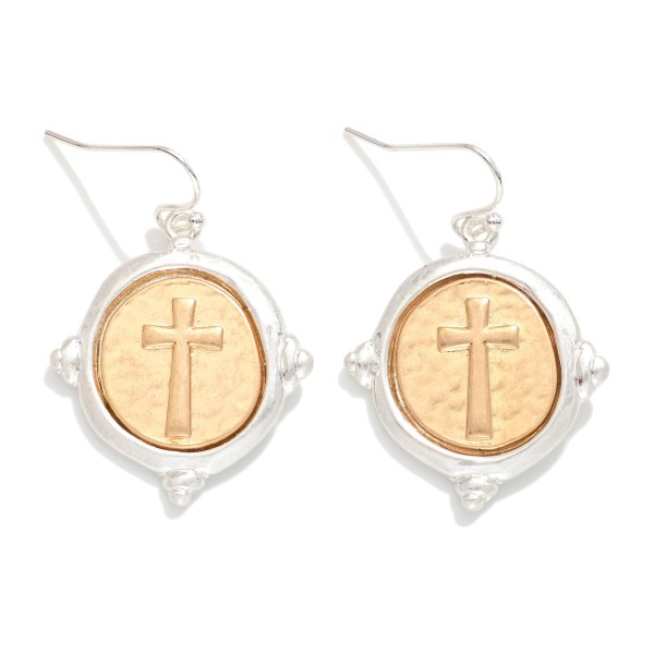 Two Tone Hammered Metal Circle With Cross Drop Earrings 

- Approximately 1" L