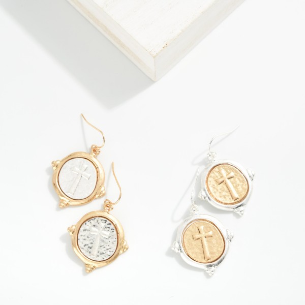 Two Tone Hammered Metal Circle With Cross Drop Earrings 

- Approximately 1" L