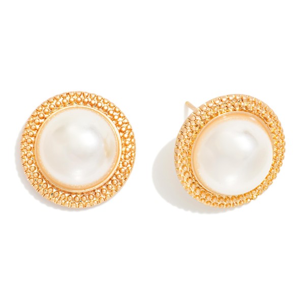 Pearl Post Drop Earrings With Metal Tone Border 

- Approximately .75" L
