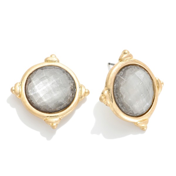 Large Round Faceted Acetate Stud Earrings With Metal Tone Border 

- Approximately 1" L