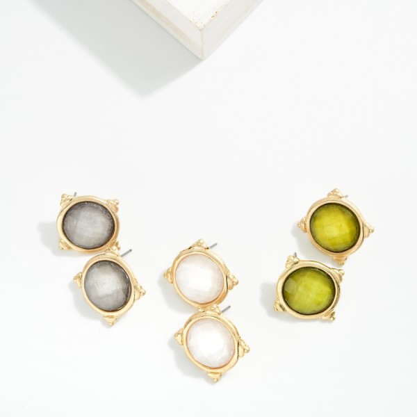 Large Round Faceted Acetate Stud Earrings With Metal Tone Border 

- Approximately 1" L