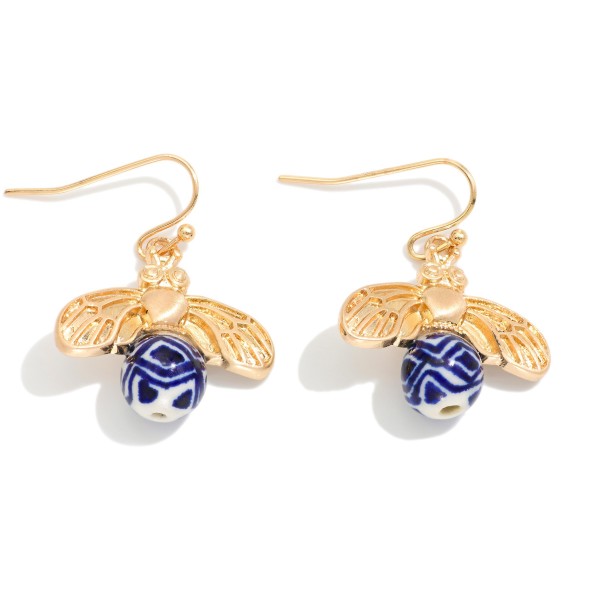 Metal Tone Bee Drop Earring Featuring Chinoiserie Beads 

- Approximately 1" L