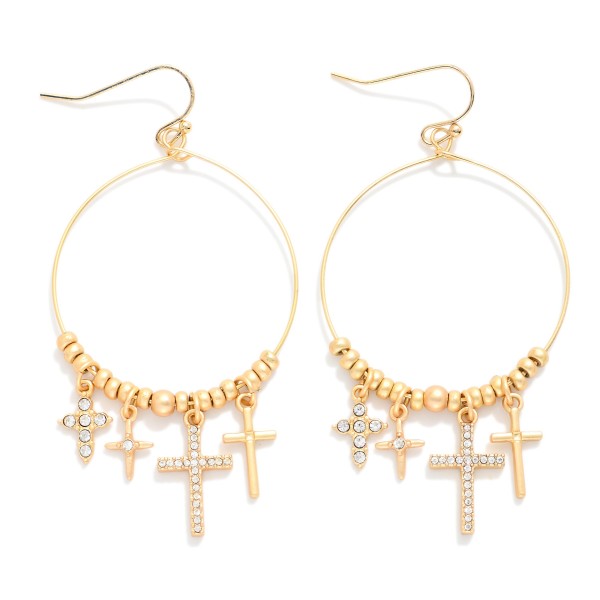 Metal Tone Beaded Wire Hoop Drop Earrings Featuring Rhinestone Crosses 

- Approximately 2.5" L
