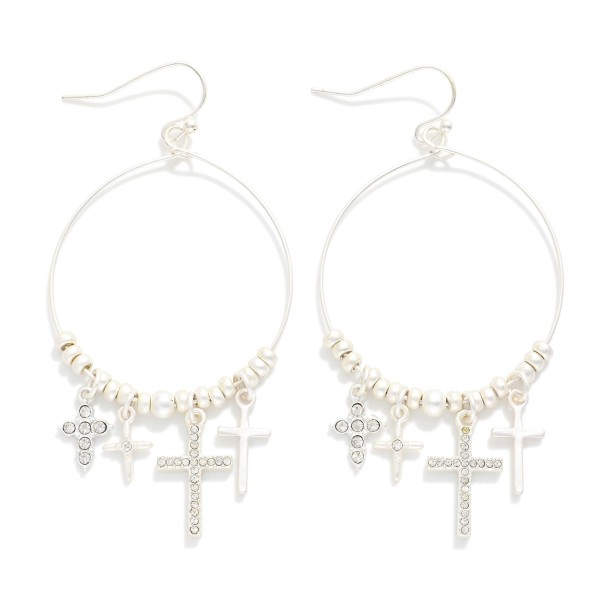 Metal Tone Beaded Wire Hoop Drop Earrings Featuring Rhinestone Crosses 

- Approximately 2.5" L