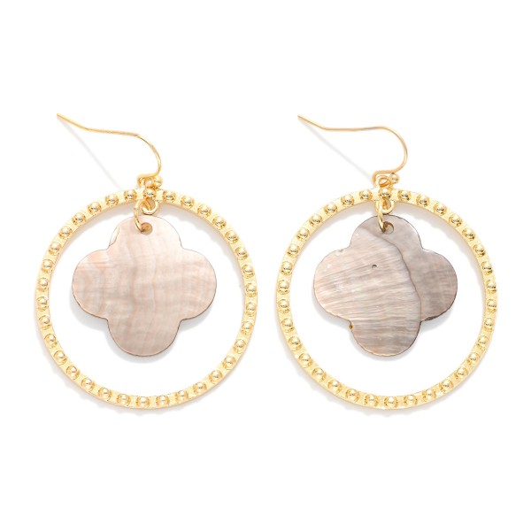 Nesting Textured Metal Hoop & Pearlescent Clover Drop Earrings 

- Approximately 2" L