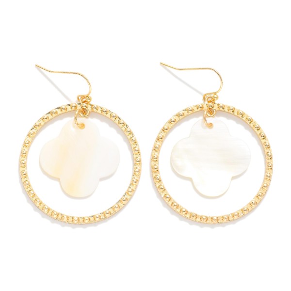 Nesting Textured Metal Hoop & Pearlescent Clover Drop Earrings 

- Approximately 2" L