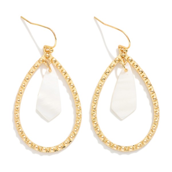 Metal Tone Studded Teardrop Drop Earrings Featuring Nesting Pearl Geometric Shape 

- Approximately 1.5" L