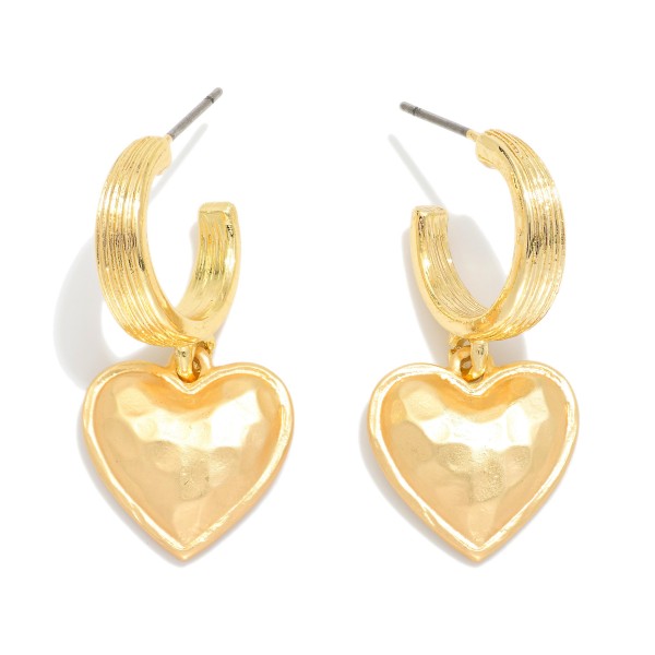 Ribbed Hoop Earrings Featuring Hammered Metal Heart Dangle 

- Approximately 1" L