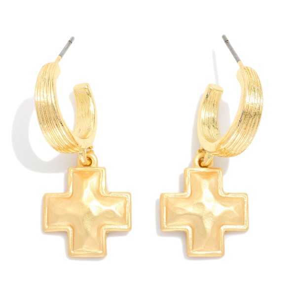 Metal Tone Half Hoop Earrings Featuring Cross Dangle Detail 

- Approximately 1.05" L 