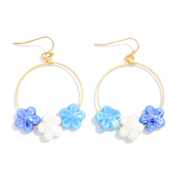 Porcelain Flower Beaded Wire Hoop Earrings 

- Approximately 2" L
