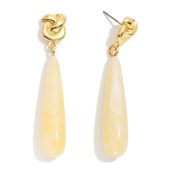 Linked Knotted Metal & Marbled Acetate Teardrop Post Drop Earrings 

- Approximately 2" L