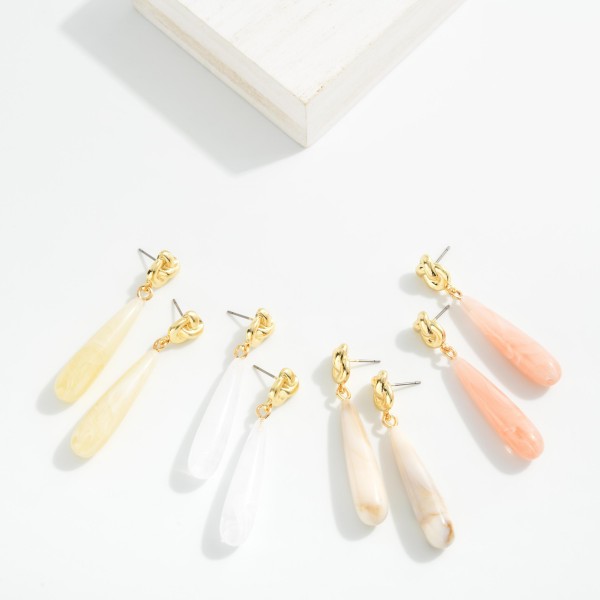 Linked Knotted Metal & Marbled Acetate Teardrop Post Drop Earrings 

- Approximately 2" L