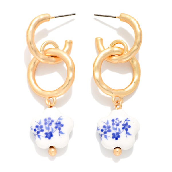 Linked Hammered Metal Hoop Drop Earrings With Chinoiserie Flower Detail 

- Approximately 2" L