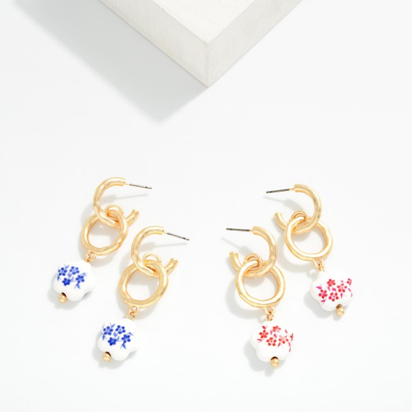 Linked Hammered Metal Hoop Drop Earrings With Chinoiserie Flower Detail 

- Approximately 2" L