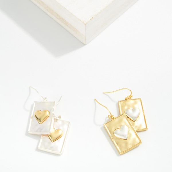 Hammered Metal Rectangle & Heart Post Drop Earrings

- Approximately 1" L 