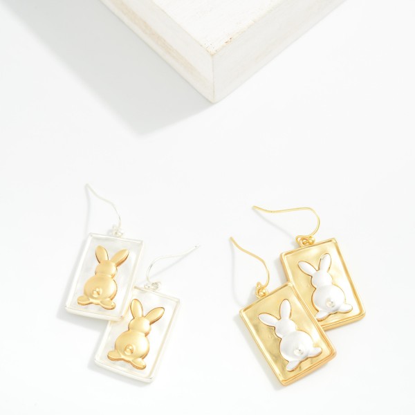 Hammered Metal Rectangle & Easter Bunny Post Drop Earring 

- Approximately 1" L
