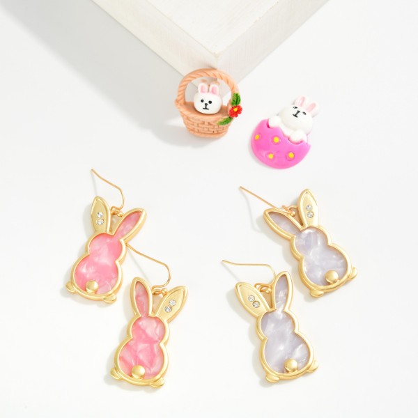 Marble Acetate Easter Bunny Drop Earring Featuring Rhinstone Detail 

- Approximately 1.75" L 
