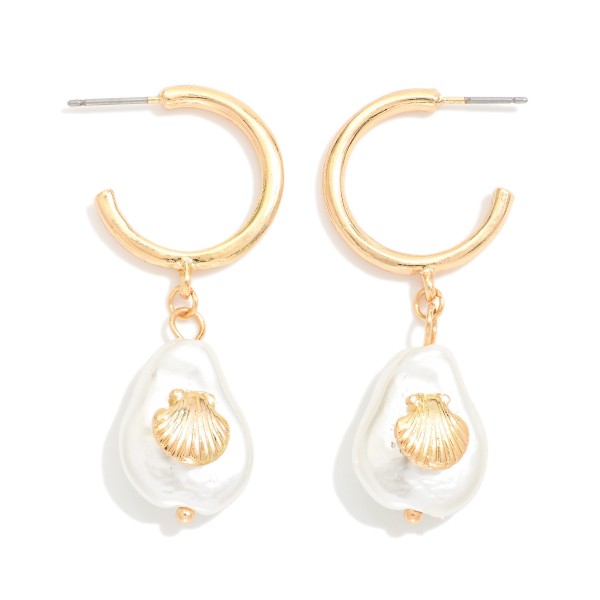 Metal Hoop Earrings Featuring Baroque Pearl & Shell Pendant 

- Approximately 1.5" L 