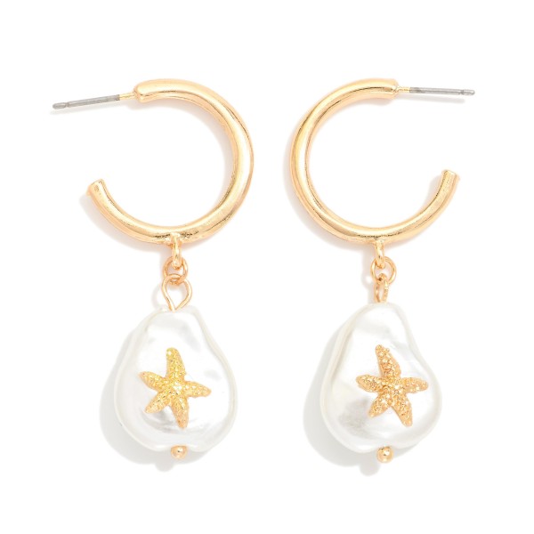 Metal Hoop Earrings Featuring Baroque Pearl & Starfish Pendant 

- Approximately 1.5" L 