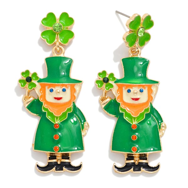 Enamel Leprechaun & Clover Post Drop Earrings 

- Approximately 2" L