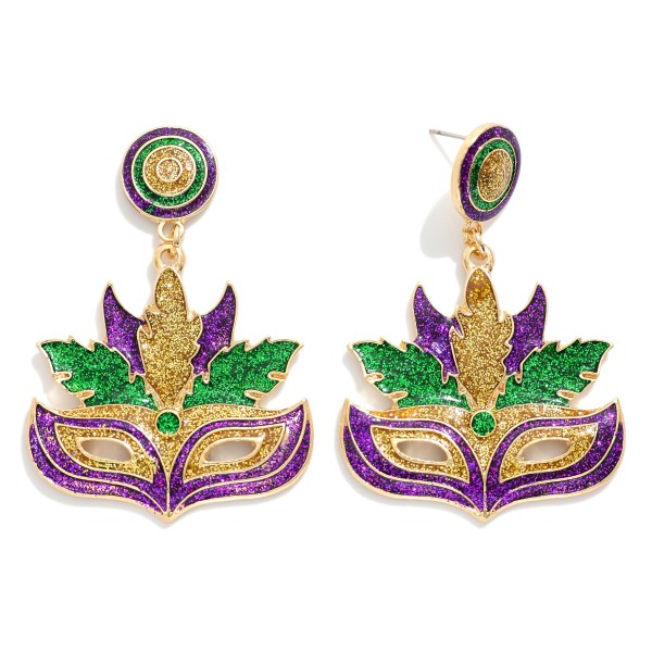 Glitter Enamel Mardi Gras Mask Post Drop Earrings 

- Approximately 2" L